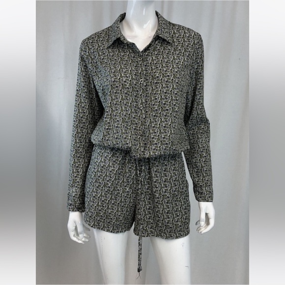 Splendid Medium Green Zebra Print Long Sleeve Button Up Romper Anthropologie - Picture 2 of 7